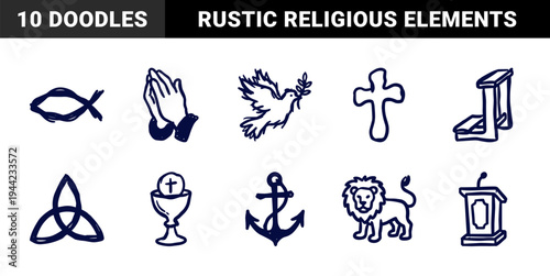 Hand-drawn Christian religious symbols in a rustic marker sketch style. Naive doodle illustrations featuring spiritual elements for church branding and faith-based projects.