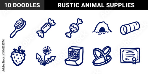 Hand-drawn pet care and animal accessories for organic branding. Naive marker sketch illustrations featuring treats, grooming tools, and play equipment.