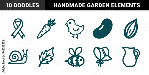 Hand-drawn rustic farm and garden elements in a naive doodle style. Organic marker sketch illustrations featuring a chick, carrot, bean, and snail.