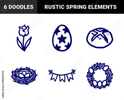 Rustic hand-drawn Easter celebration elements featuring spring flowers, festive bread, and patterned eggs. Naive marker sketch illustrations for organic holiday branding.