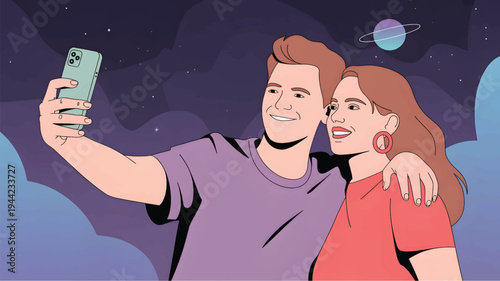 A couple taking a selfie in outer space with planets and stars
