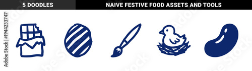 Hand-drawn Easter and confectionery elements in a naive marker sketch style. Rustic blue doodle illustrations of a chick in a nest, chocolate bar, and candy.