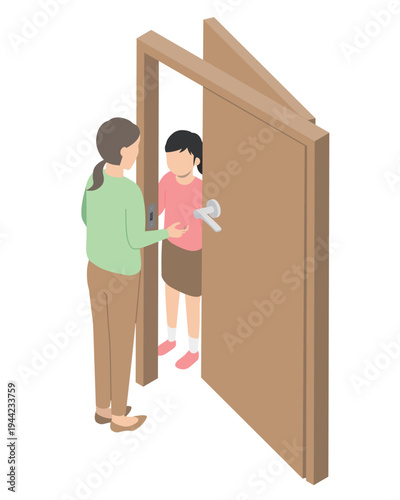 心配する母親と部屋に迎え入れる子供・アイソメトリック