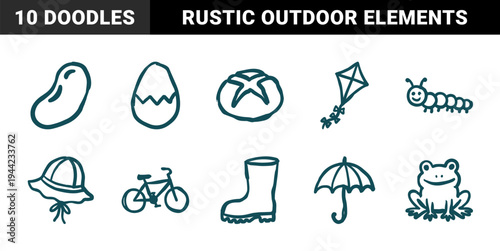 Hand-drawn spring and nature elements in a naive marker sketch style. Rustic, organic doodle illustrations featuring frog, caterpillar, and outdoor gear.