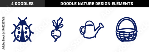 Hand-drawn garden and nature elements for organic brand identity. Rustic, naive marker sketch illustrations of ladybug, radish, and watering can.