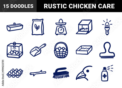 Hand-drawn poultry farming and chicken coop elements for organic agriculture branding. Rustic naive marker sketch illustrations of egg production.