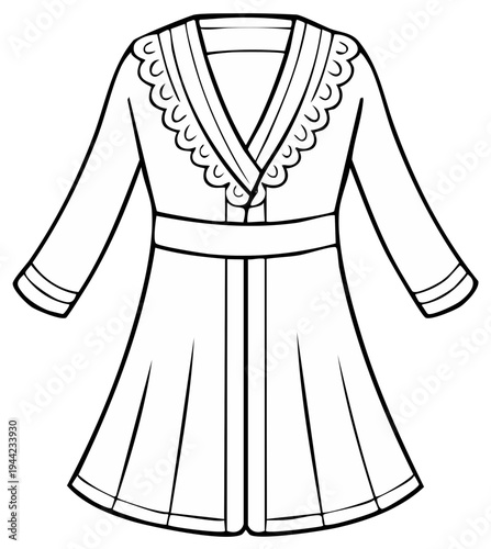 Elegant Outline of a Luxurious Kimono Robe with Lace Trim and Belt