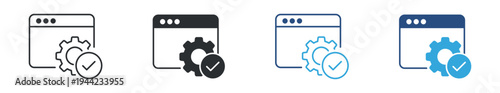 Web settings configuration icon set, browser window with gear and check mark icon. Website setup and system configuration concept. Software settings symbol. Vector illustration.