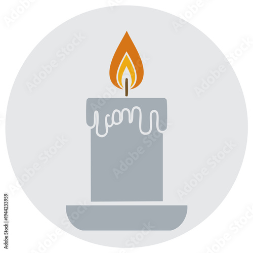 Elegant candle illustration with bright flickering flame and dripping wax on circular gray backdrop