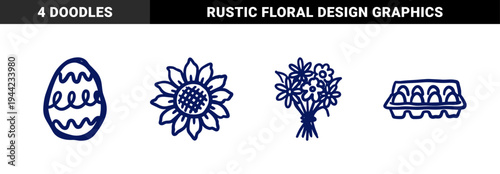 Hand-drawn spring and Easter celebration elements featuring rustic floral doodles and decorated egg motifs for organic seasonal branding.