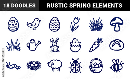 Hand-drawn Easter and spring garden elements for organic brand identity. Rustic, naive marker sketch illustrations featuring holiday and nature concepts.