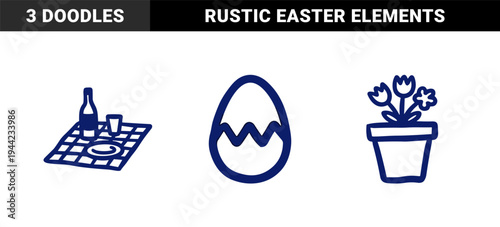 Hand-drawn spring and easter picnic elements for organic brand identity. Rustic naive marker sketch illustrations featuring seasonal celebration concepts.