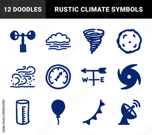Meteorology and weather forecasting elements for organic brand identity. Rustic, naive marker sketch illustrations featuring climate concepts.