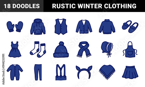 Hand-drawn cozy winter apparel and clothing accessories in a naive doodle style. Rustic navy blue marker sketches featuring seasonal fashion items.