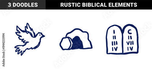 Hand-drawn Christian religious symbols in a naive marker sketch style featuring a holy spirit dove, empty resurrection tomb, and the ten commandments.
