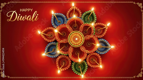 Happy Diwali greeting card with decorative clay diyas and oil lamps  on red background  conveying festive warmth, celebration, light, and cultural tradition.