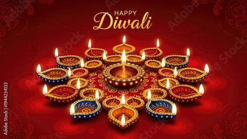 Happy Diwali greeting card with decorative clay diyas and oil lamps  on red background  conveying festive warmth, celebration, light, and cultural tradition.