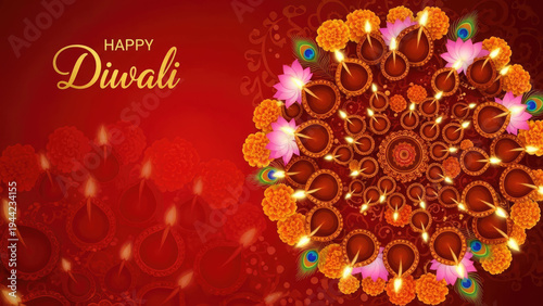 Happy Diwali greeting card with decorative clay diyas and oil lamps  on red background  conveying festive warmth, celebration, light, and cultural tradition.