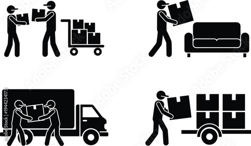 moving service worker icons set, delivery men carrying boxes, furniture relocation, cargo loading truck, logistics transport pictogram collection