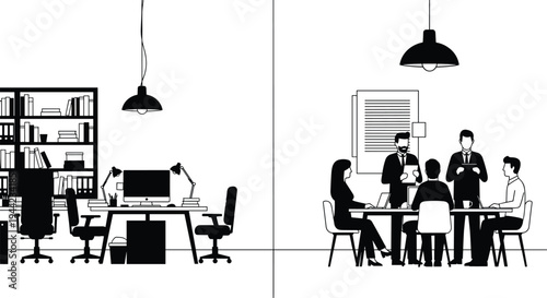 Modern office workspace and business meeting silhouette, corporate teamwork discussion, office interior desk computer bookshelf, professional team collaboration concept illustration