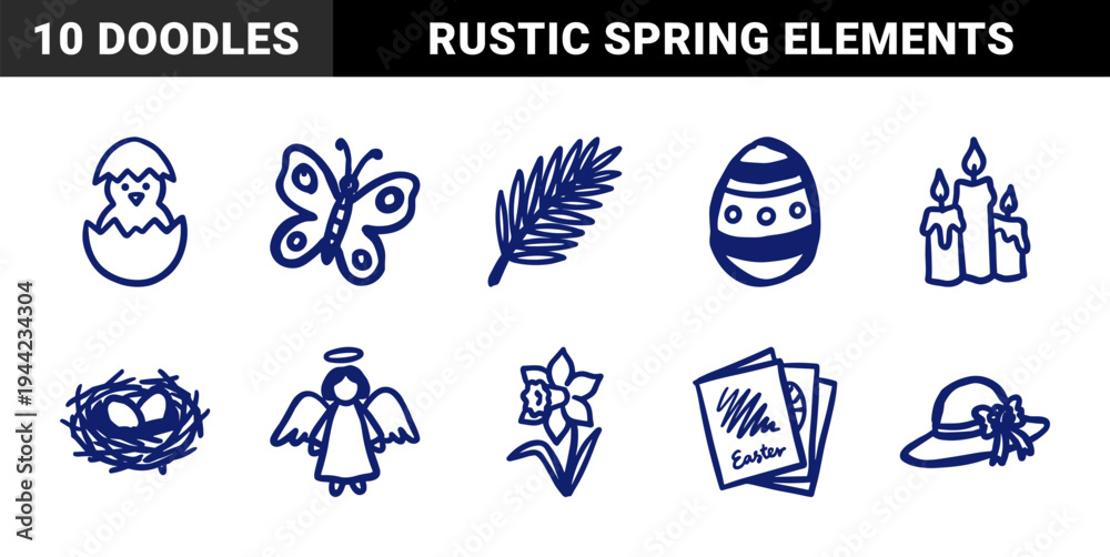 Obraz premium Hand-drawn Easter holiday and spring celebration elements in a rustic marker sketch style. Naive doodle illustrations featuring seasonal nature and religious symbols.