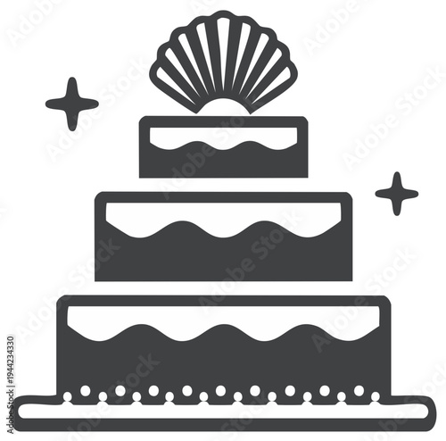 Elegant three tier wedding cake icon with a seashell topper and sparkles