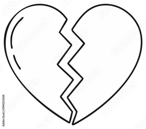 Broken heart line art illustration, grief or separation concept in monochrome.