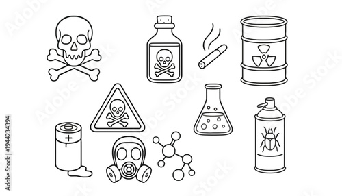 Toxic hazard icons set in line style for safety warning signs