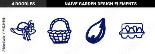 Rustic hand-drawn farm and market elements featuring a wicker basket, sun hat, egg carton, and seed. Naive marker sketch for organic branding.