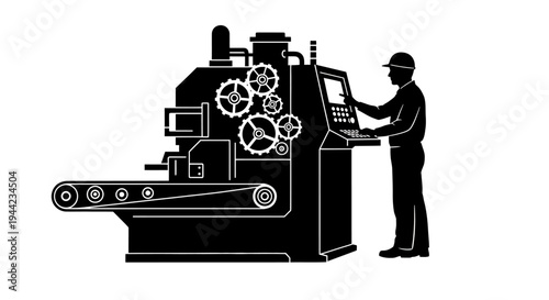 Industrial worker operating sophisticated manufacturing machinery, controlling automated production lines for efficiency and quality in modern factory operations