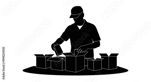 Dedicated worker packaging products into cardboard boxes, a silhouette representing efficient logistics and supply chain operations in warehousing