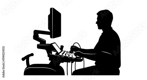 Silhouette of a medical professional operating an ultrasound machine in a clinic or hospital setting
