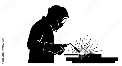 Silhouette Vector Illustration of a Skilled Worker Engaged in Welding with Bright Sparks Flying, Depicting Industrial Labor and Craftsmanship
