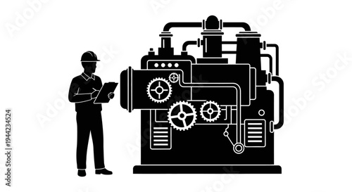 Silhouette of an industrial engineer performing thorough quality control inspection on complex factory production machinery equipment