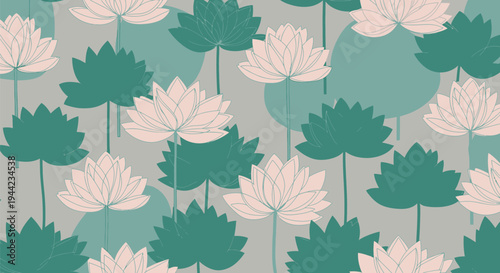 Lotus flowers and green leaves pattern.