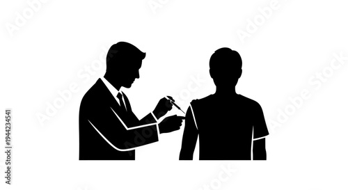 Silhouette illustration of a medical professional administering a vaccine shot to a patient's arm, symbolizing preventive medicine and public health initiatives