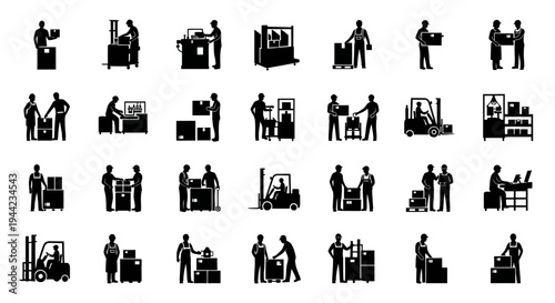 Diverse factory and warehouse worker silhouettes illustrating efficient industrial production, logistics, and supply chain operations management