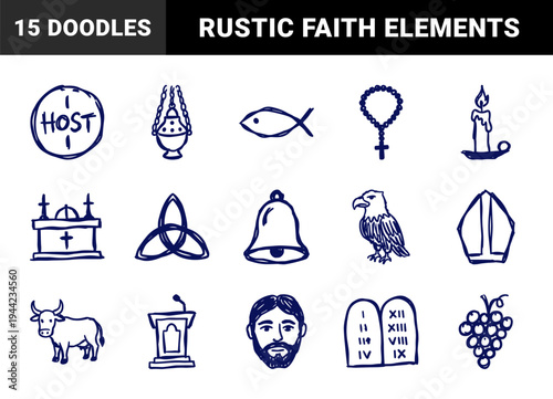Hand-drawn Christian religious symbols and liturgical elements in a naive doodle style. Rustic navy marker sketch featuring church and faith concepts.