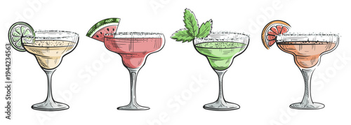 Cocktails margarita hand drawn set isolated on white background. Vintage sketch of alcoholic colorful party cocktails. Vector illustration