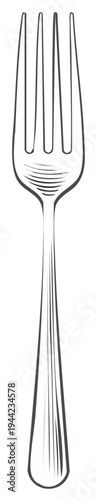 Minimalist black line art illustration of a classic four-tined dining fork utensil for meal concepts