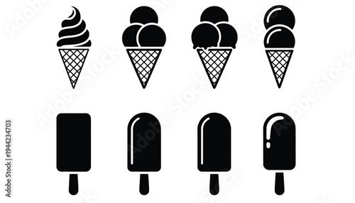 Ice cream vector icons and silhouettes for summer dessert designs