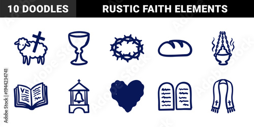 Hand-drawn Christian religious symbols in a rustic naive doodle style. Clumsy marker sketch illustrations for church events and spiritual branding.