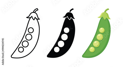 Illustration of three peas in pods in different styles on white background