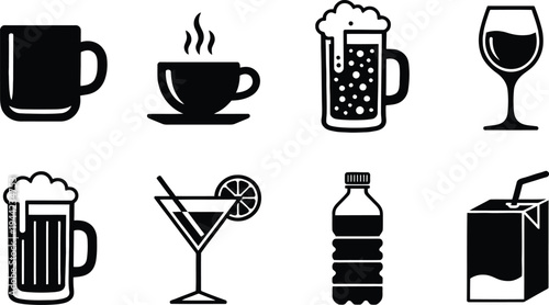 Beverage drink icon set illustration, coffee beer wine cocktail water juice symbols collection, restaurant drink menu vector