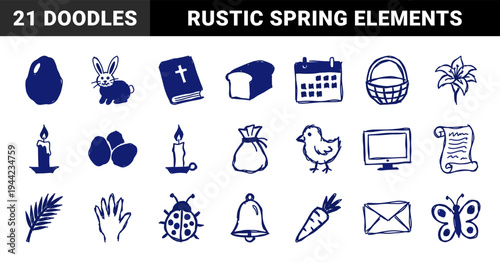 Hand-drawn Easter and spring celebration elements in a naive doodle style. Rustic marker sketch illustrations featuring seasonal holiday motifs.