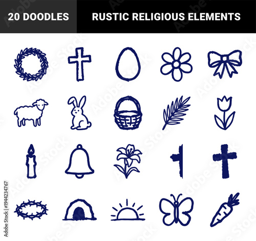 Hand-drawn Easter and religious celebration elements in a naive marker sketch style. Rustic navy blue doodle illustrations for holiday branding.