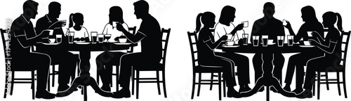 Silhouette, happy family eating dinner together at table, parents and children sharing meal, home dining lifestyle bonding concept