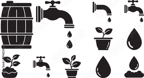 Watering plants from taps and barrels icons set black