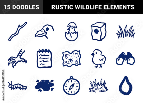 Hand-drawn nature exploration and birdwatching elements for organic branding. Naive marker sketch illustrations featuring avian life and hiking gear.