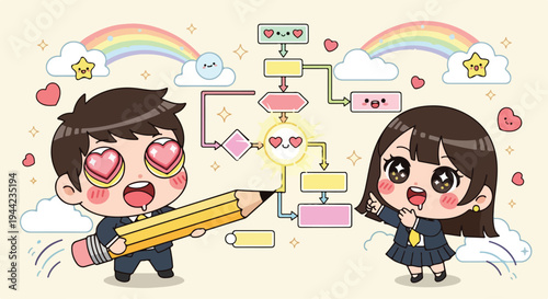 Cartoon illustration of a smiling boy and girl with heart-shaped eyes interacting with a large pencil and flowchart on a pastel-colored background with rainbows and clouds.